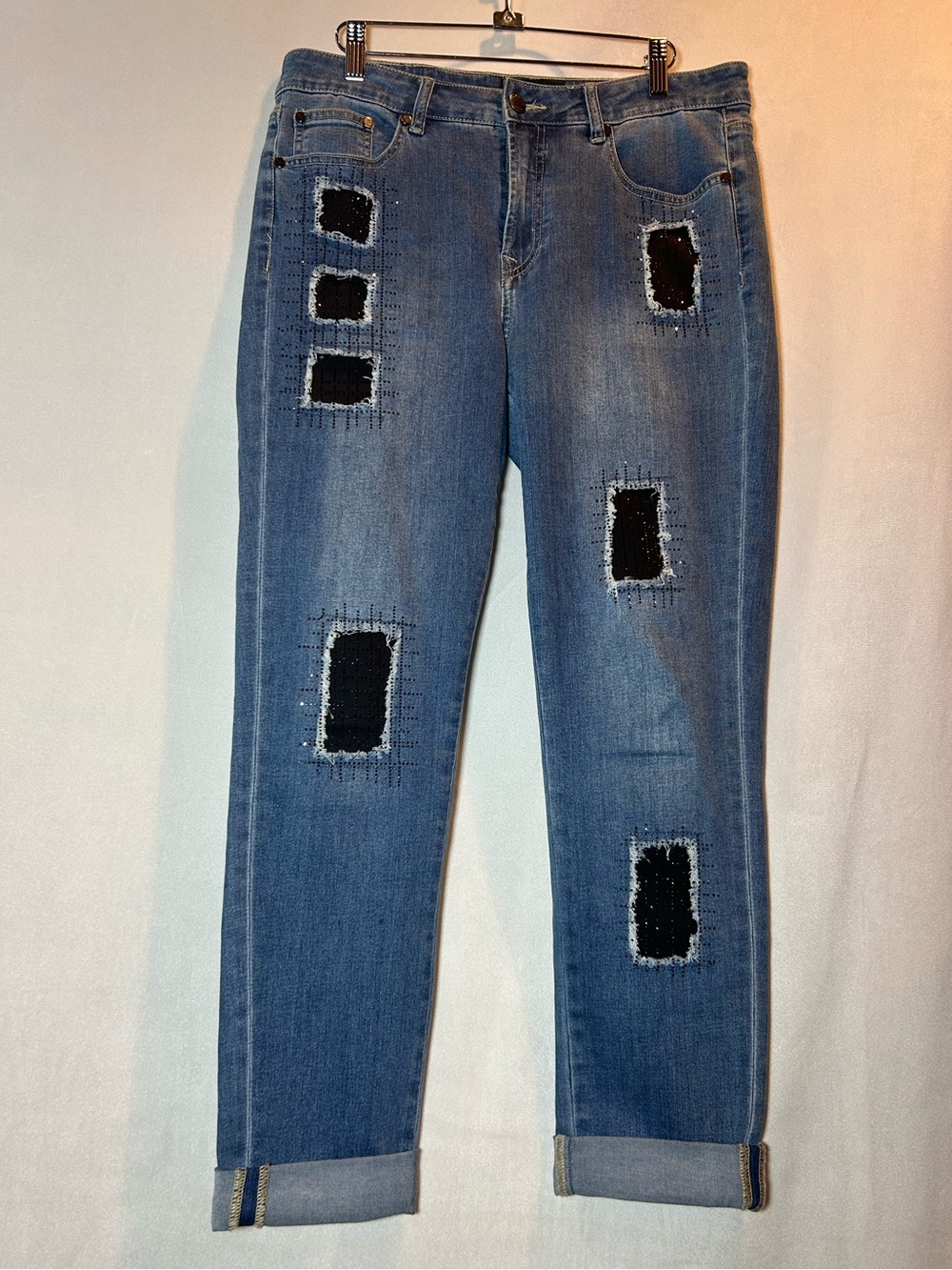 Joseph Ribkoff Distressed Patchwork Embellished Skinny Jeans Size 12